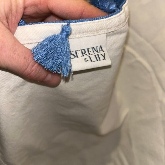 Serena & Lily white cornflower blue tassel trim cotton shower curtain NEW damage - Picture 2 of 4